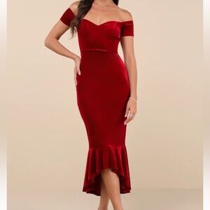 Lulu's How Much I Care - Red Wine Velvet off-shoulder